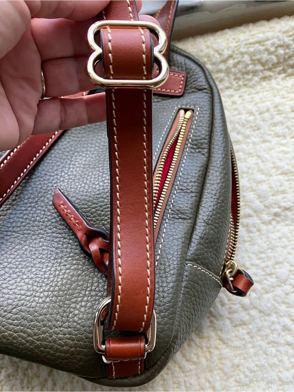 Dooney & Bourke Olive Pebble Leather Mini Backpack with Brown Trim